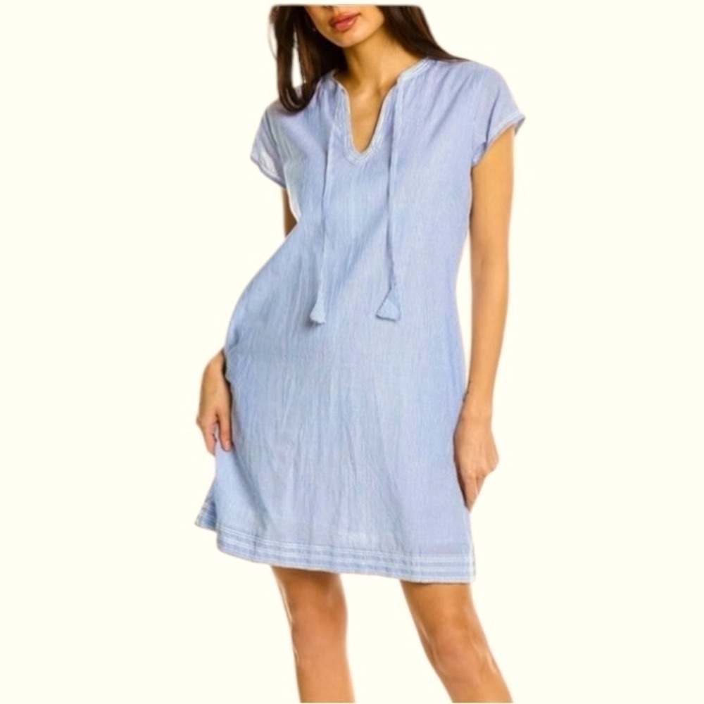 Pomegranate Tie neck pockets 100% cotton blue & white pinstriped shift Small